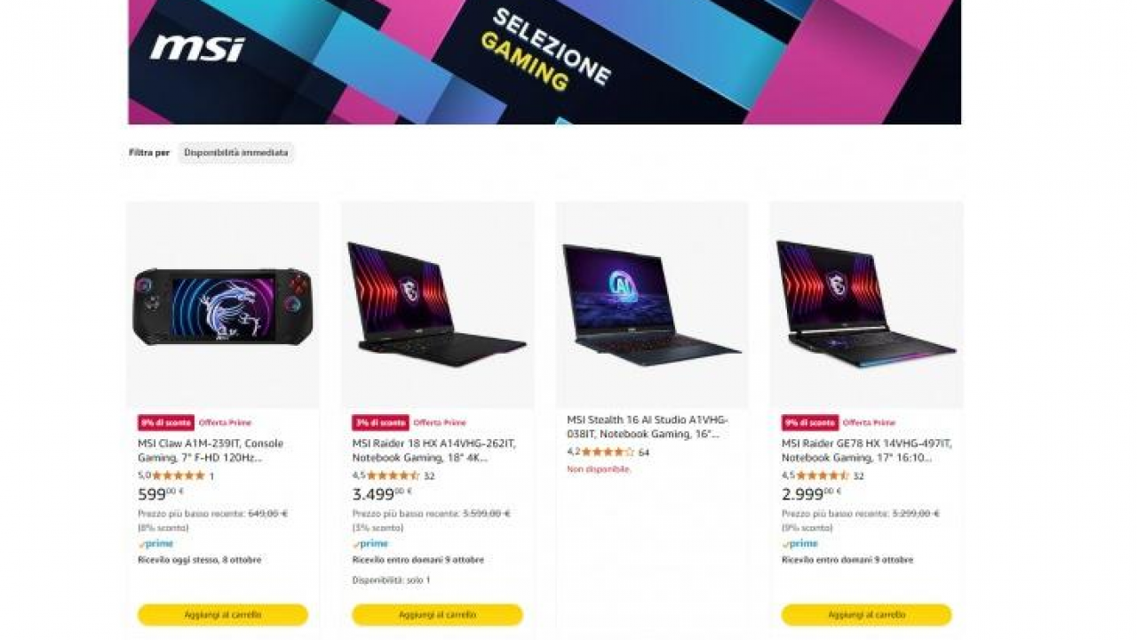 Amazon Prime Day: offerte sui laptop MSI con sconti fino a 1000 euro sui modelli gaming